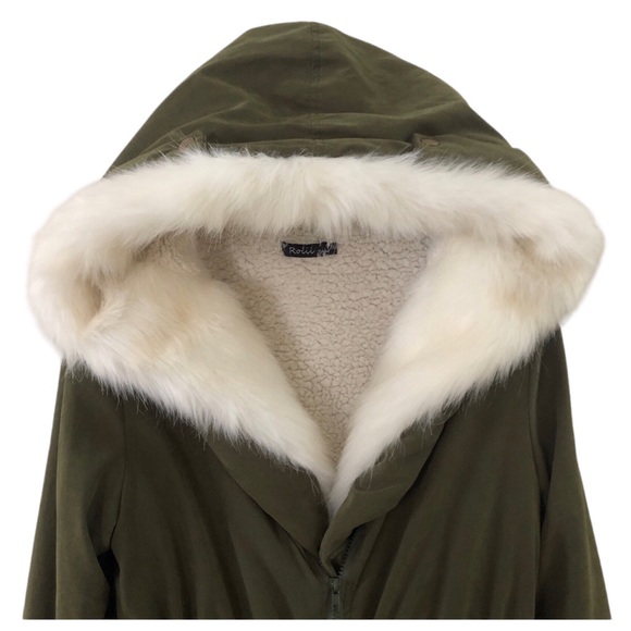 Roiii Womens Green Hooded Parka Coat Faux Fur Trim Sherpa Fleece Lining Zipper - Picture 11 of 16